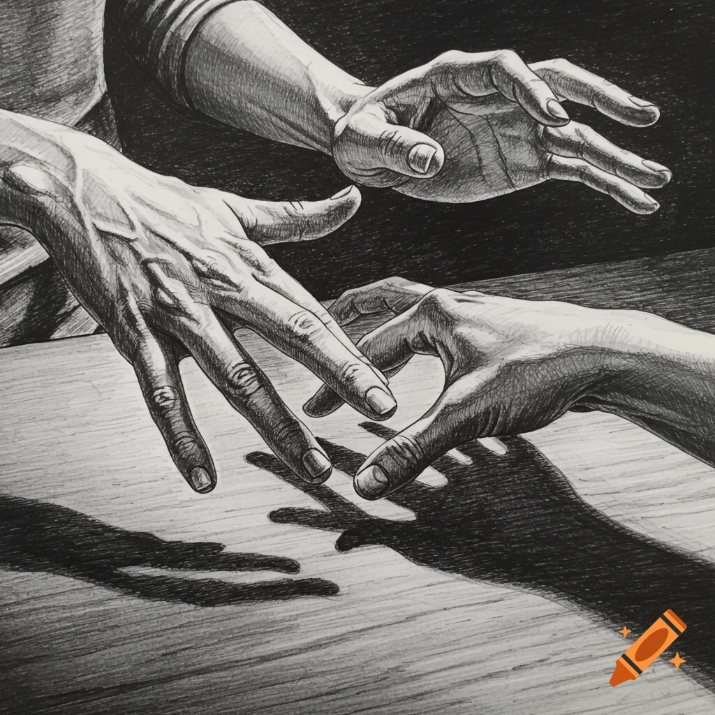 Detailed monochrome pen drawing of multiple hands reaching and interacting over a surface, casting shadows.
