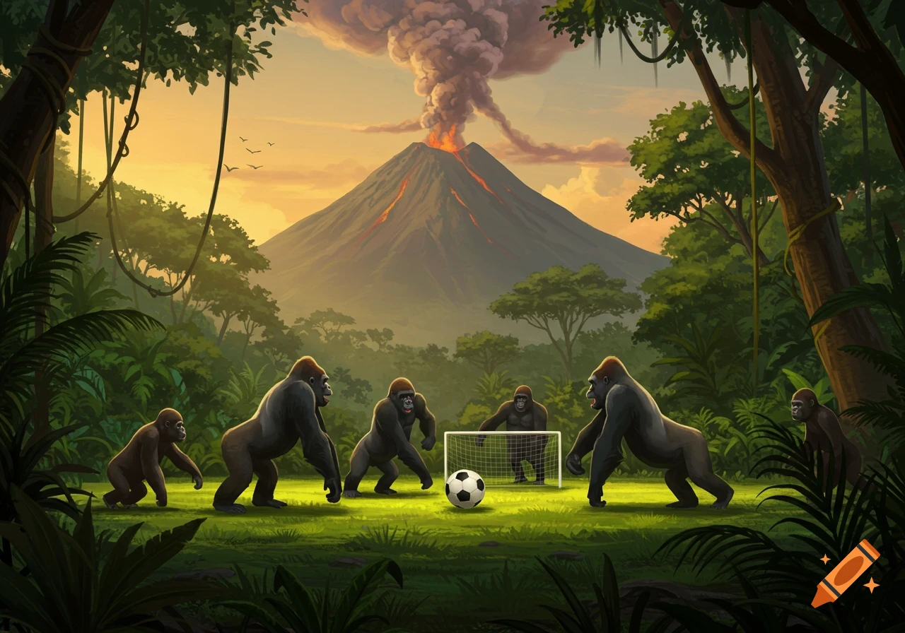 Cartoon gorillas playing soccer on a jungle field with an erupting volcano at sunset.