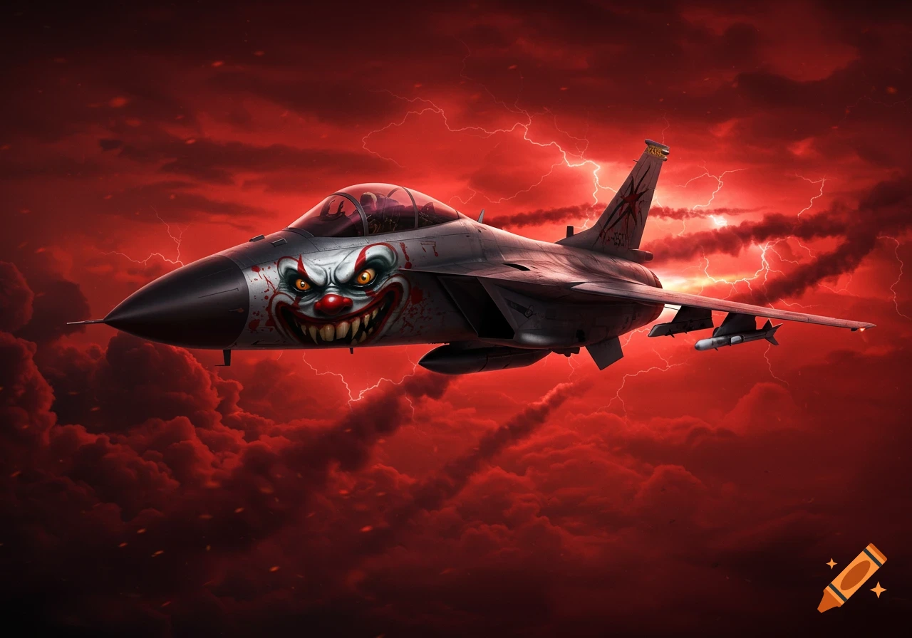 A fighter jet with a creepy clown face painted on its nose flies through a dramatic red sky with lightning.