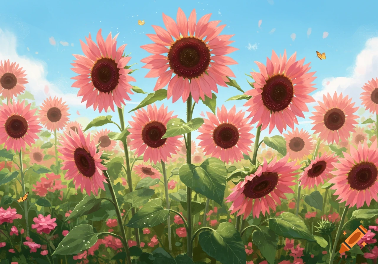 A vibrant field of pink sunflowers with dark centers under a clear blue sky, with a few butterflies.