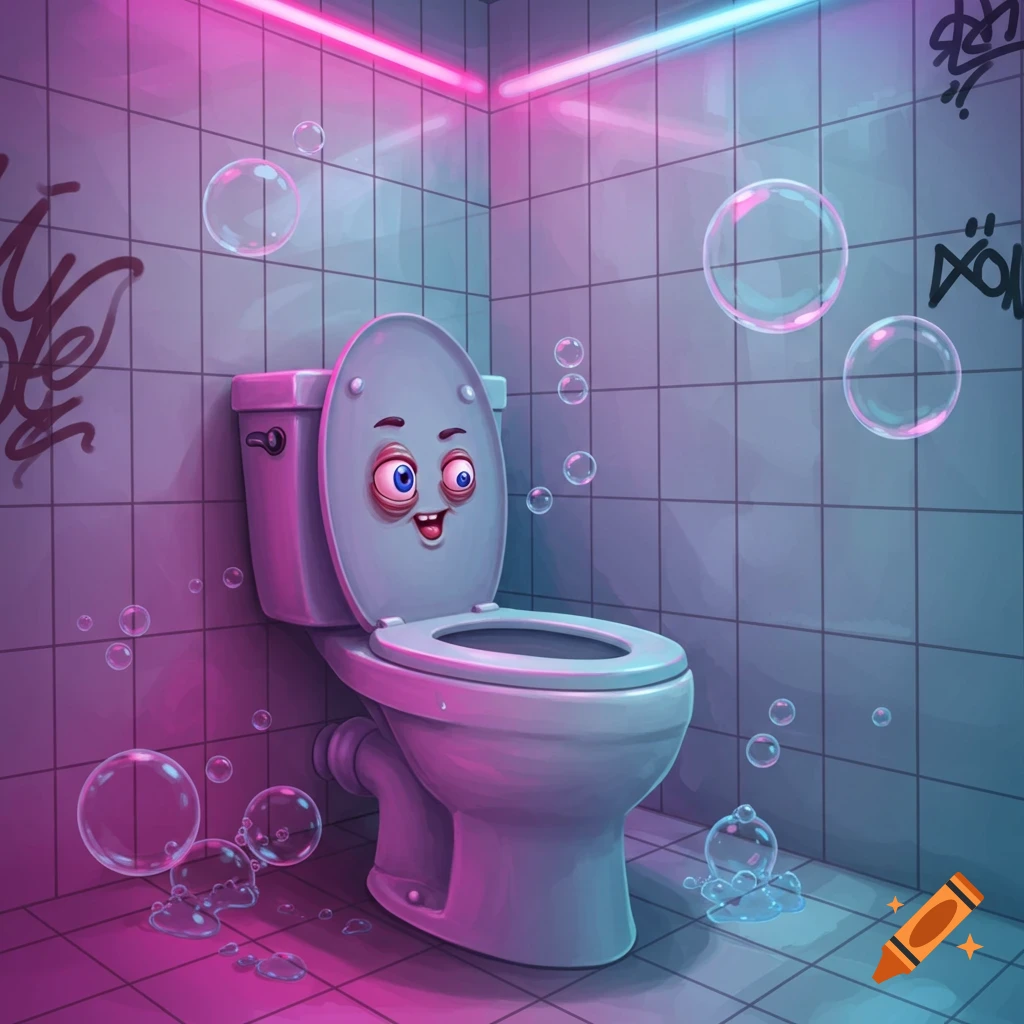 A cartoon toilet with a happy face in a blue and pink neon-lit bathroom with bubbles.