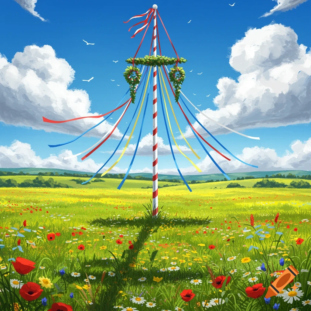 A vibrant illustration of a white maypole with red, white, blue, yellow, and green ribbons in a sunny meadow full of wildflowers.