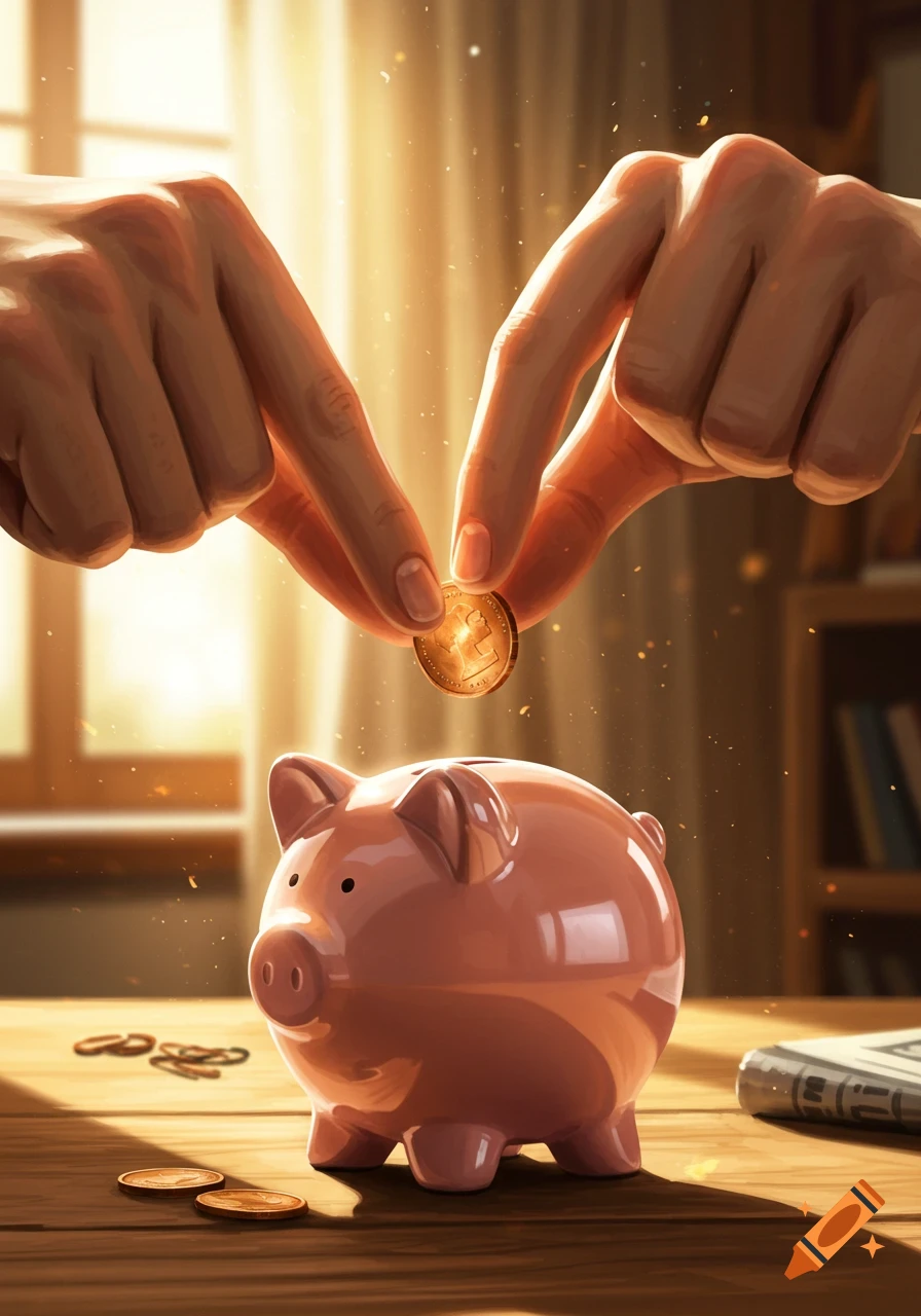 Hands place a golden coin into a pink piggy bank on a wooden table, bathed in warm light.