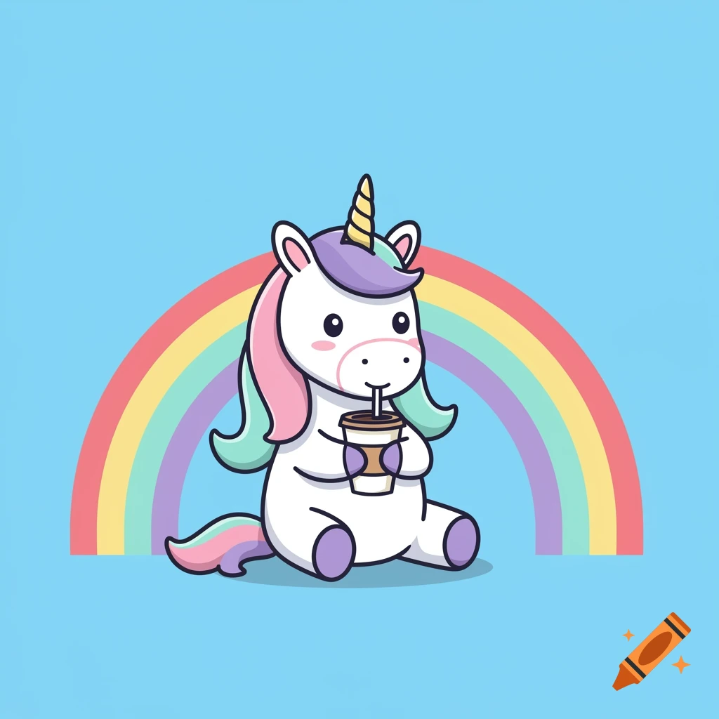 Cute cartoon unicorn with colorful mane and tail sitting and drinking from a cup, with a rainbow behind it on a light blue background.