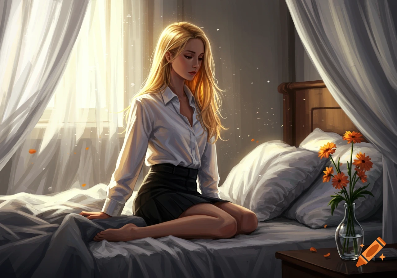 A blonde woman in a white shirt and black skirt sits on a bed in a sunlit room, with flowers on a nightstand.
