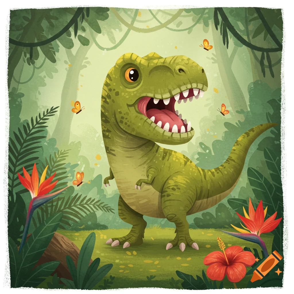 Cute cartoon T-Rex roaring in a lush green jungle with tropical flowers and butterflies flying around.