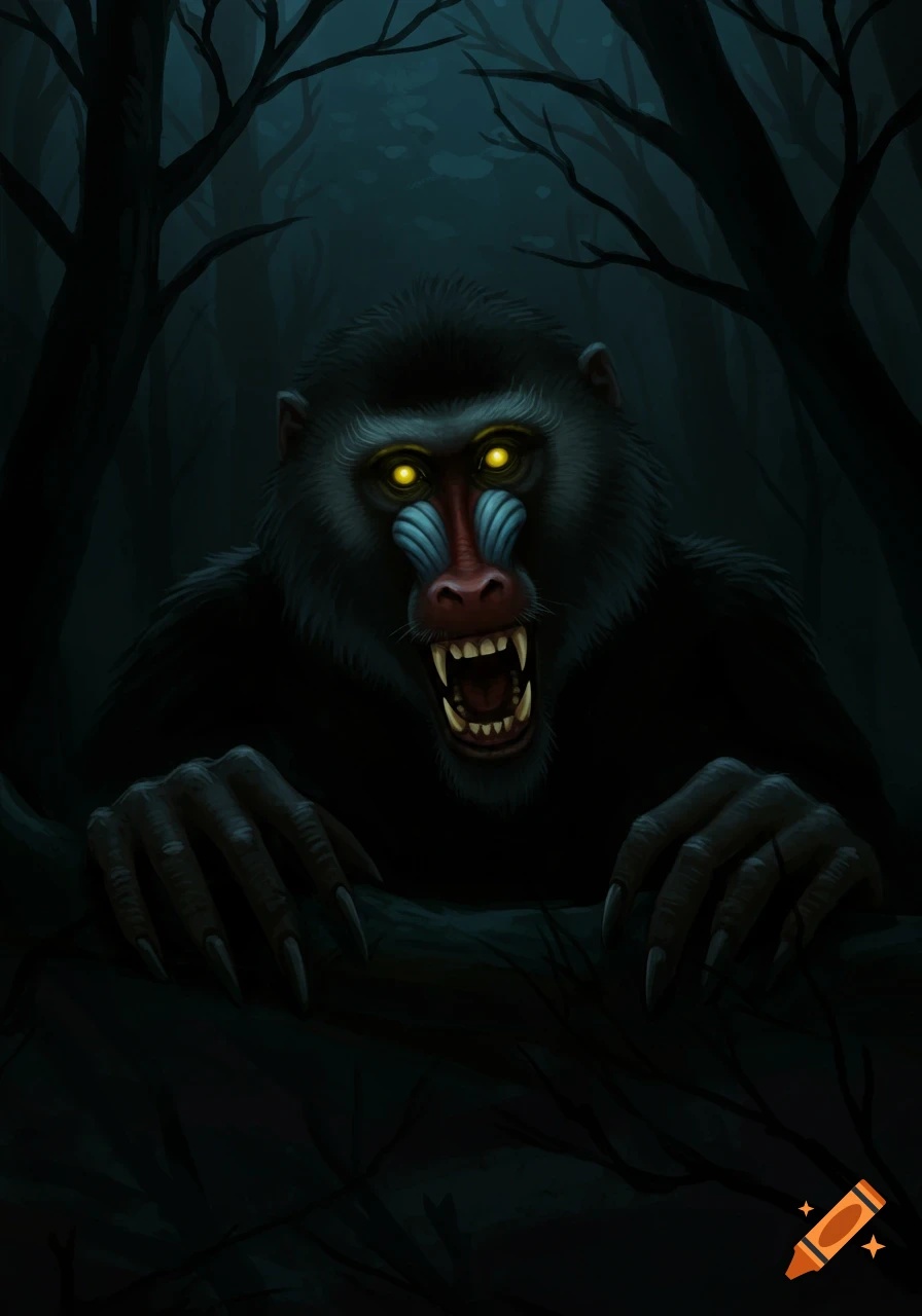 A monstrous baboon demon with glowing yellow eyes, baring sharp teeth and claws, emerging from a dark, spooky forest.