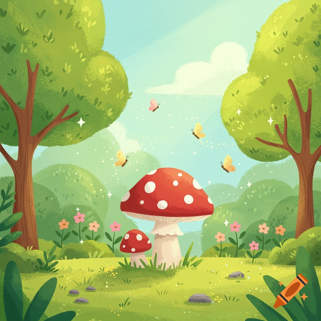 A whimsical, pastel cartoon illustration of a forest scene with two red and white toadstool mushrooms, butterflies, flowers, and trees.