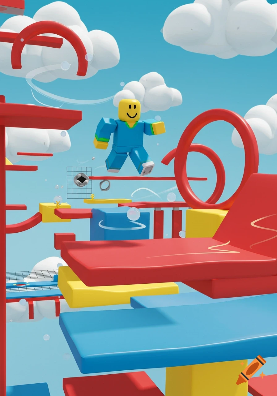 A yellow-headed Roblox character in a blue outfit jumps across red, blue, and yellow platforms in a sky obstacle course filled with clouds.