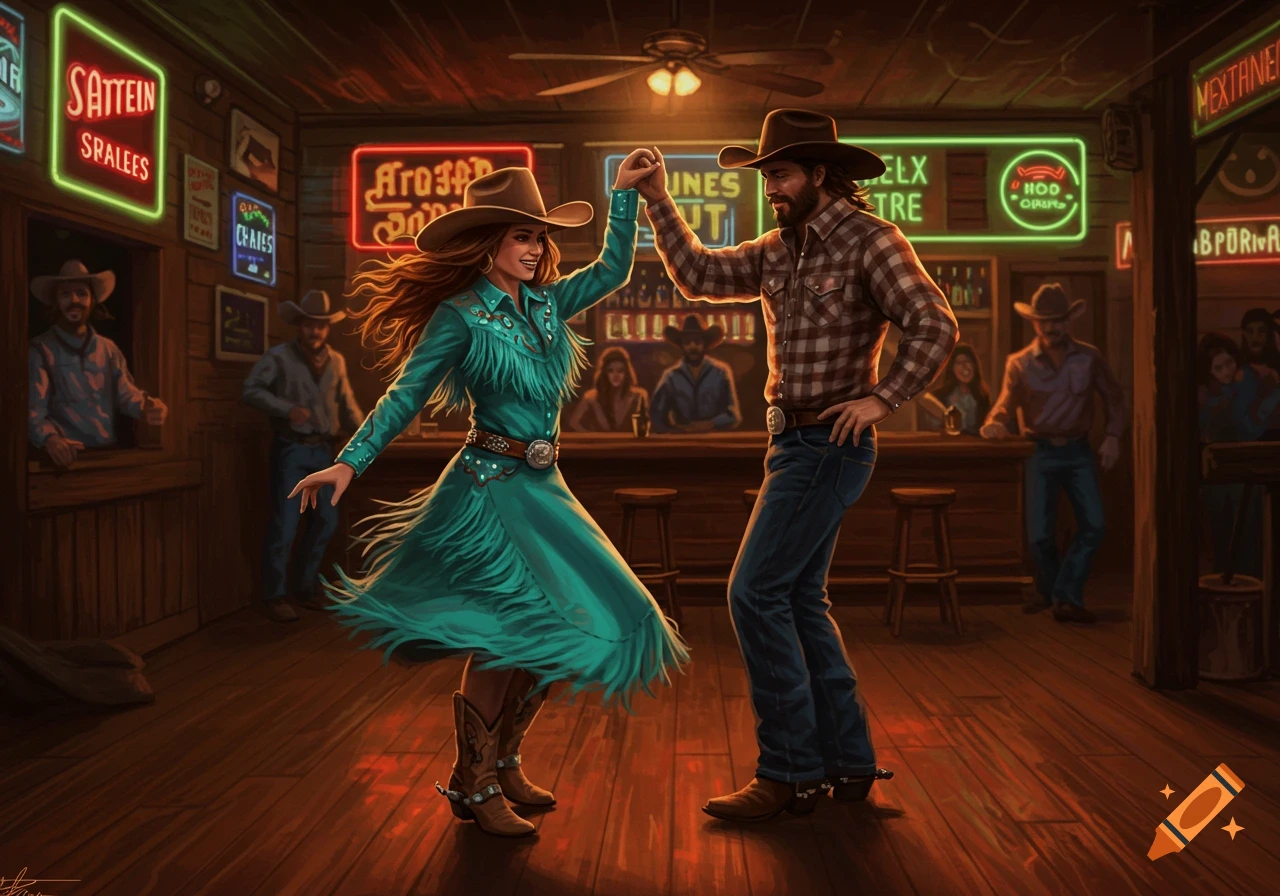 A cowboy and cowgirl in Western attire dance in a dimly lit bar, surrounded by glowing neon signs.