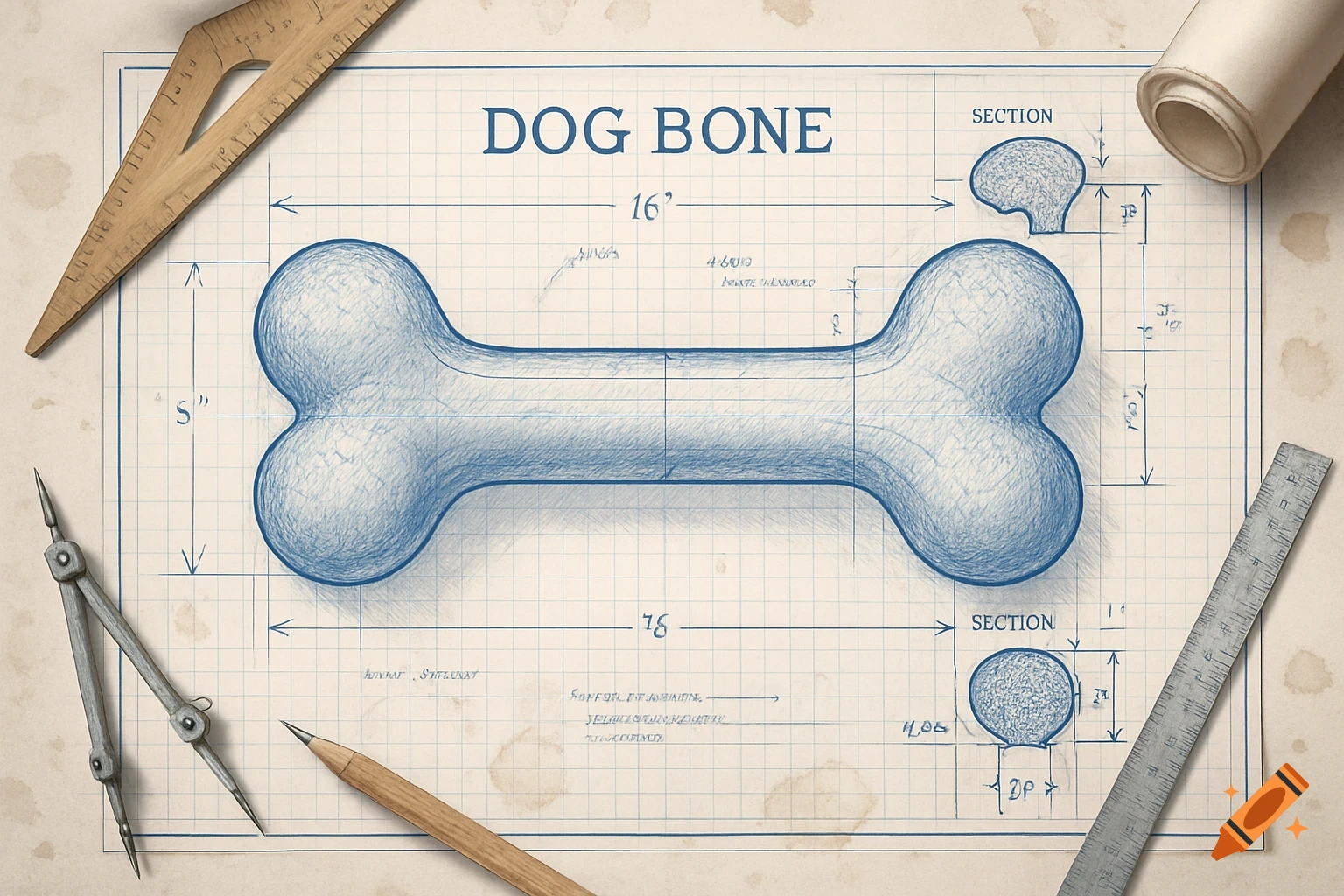 A vintage architect's blueprint displays a detailed drawing of a dog bone with dimensions and section views, alongside drafting tools.