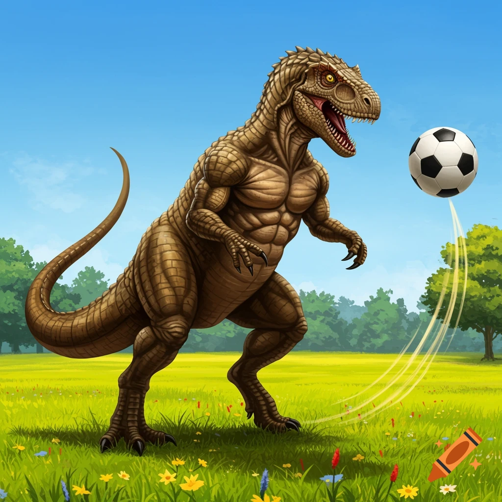 A muscular dinosaur on a grassy field with flowers, looking at a soccer ball flying in the air.