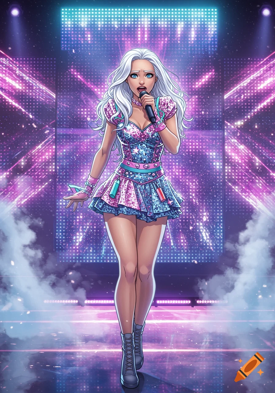 A comic-style female singer with white hair in a sparkling K-pop outfit on a stage with vibrant pink and blue concert lights.