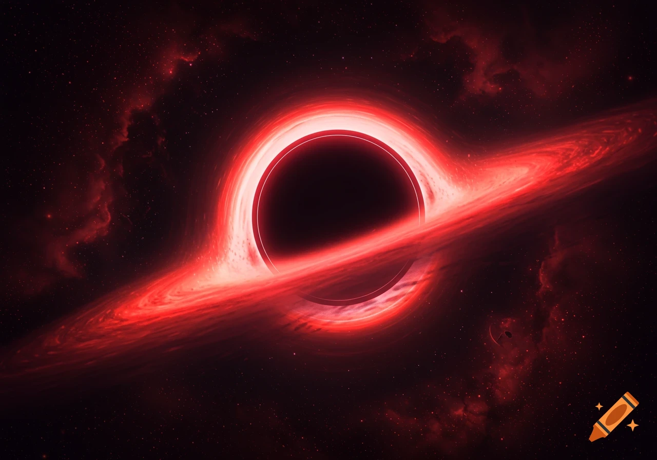 A vibrant red glowing black hole with a swirling accretion disk and red nebula in space.