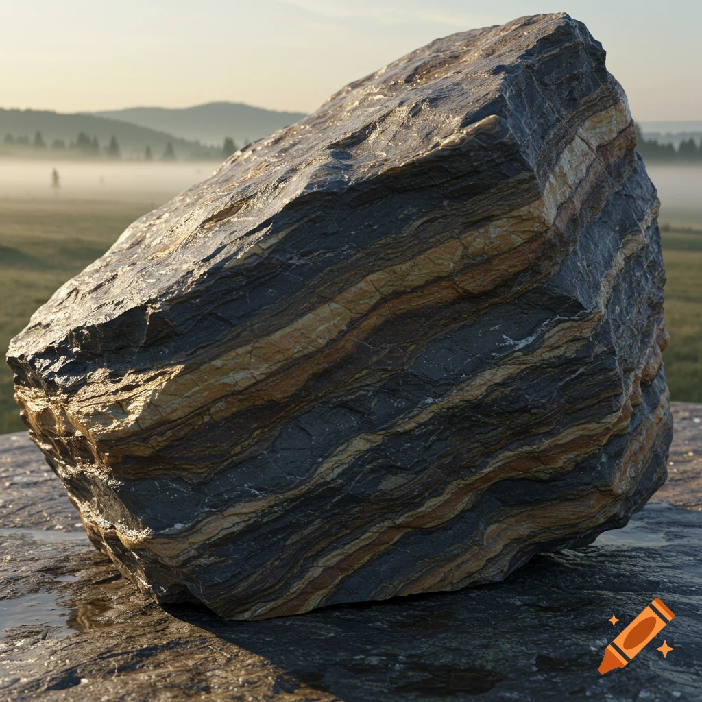 A large, detailed metamorphic rock with distinct layers of dark gray and golden brown, set on a textured surface with a misty landscape in the background, bathed in soft light.