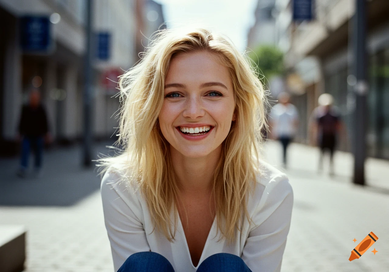 A smiling blonde woman looks at the camera on a city street.