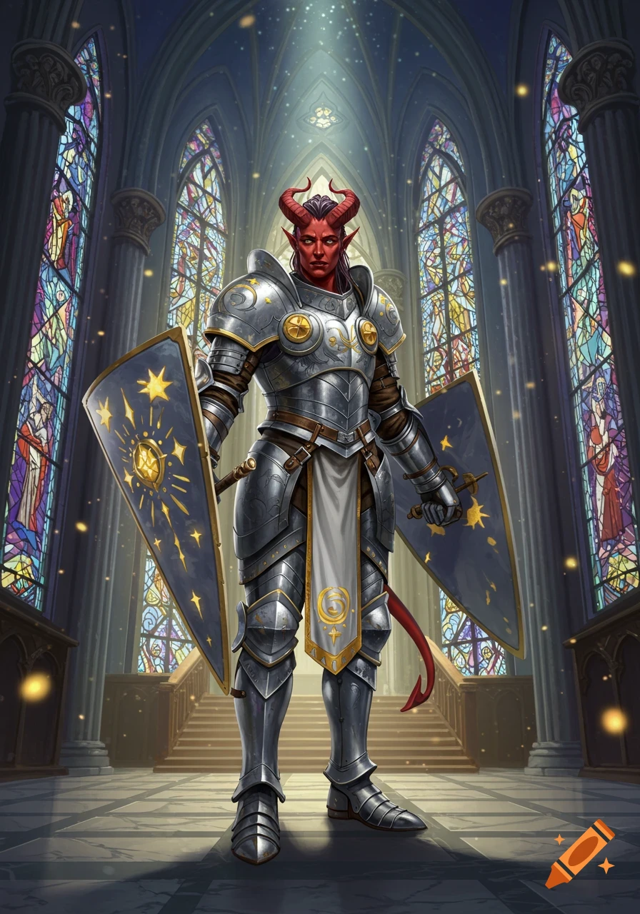 A fully armored red-skinned Tiefling paladin holding two shields stands in a grand cathedral with colorful stained glass windows.
