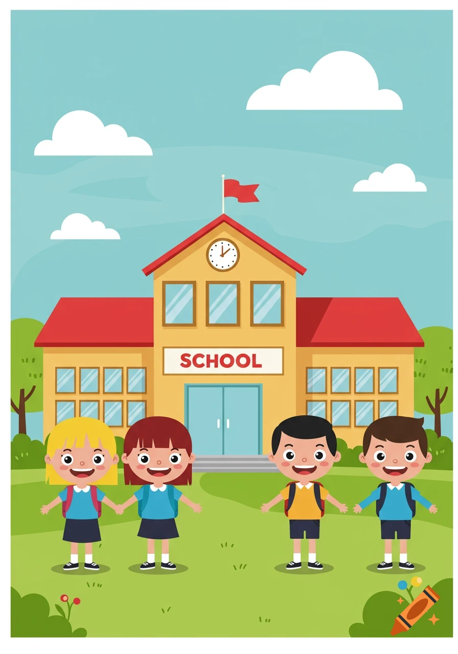 Four cartoon children stand in front of a yellow school building with a red roof, a clock, and a flag.