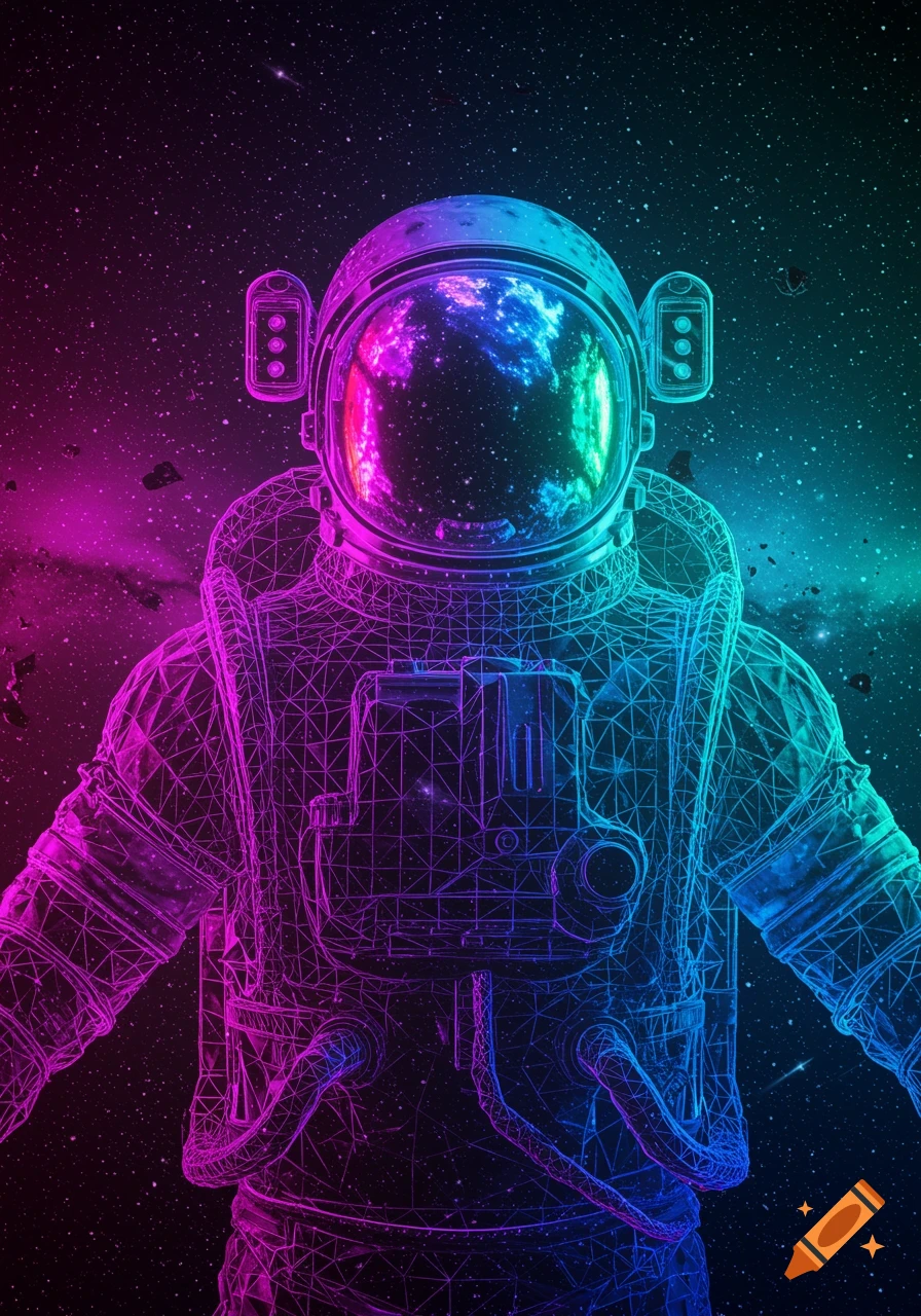 A neon wireframe astronaut floats in vibrant pink and blue space amidst stars and nebulae.
