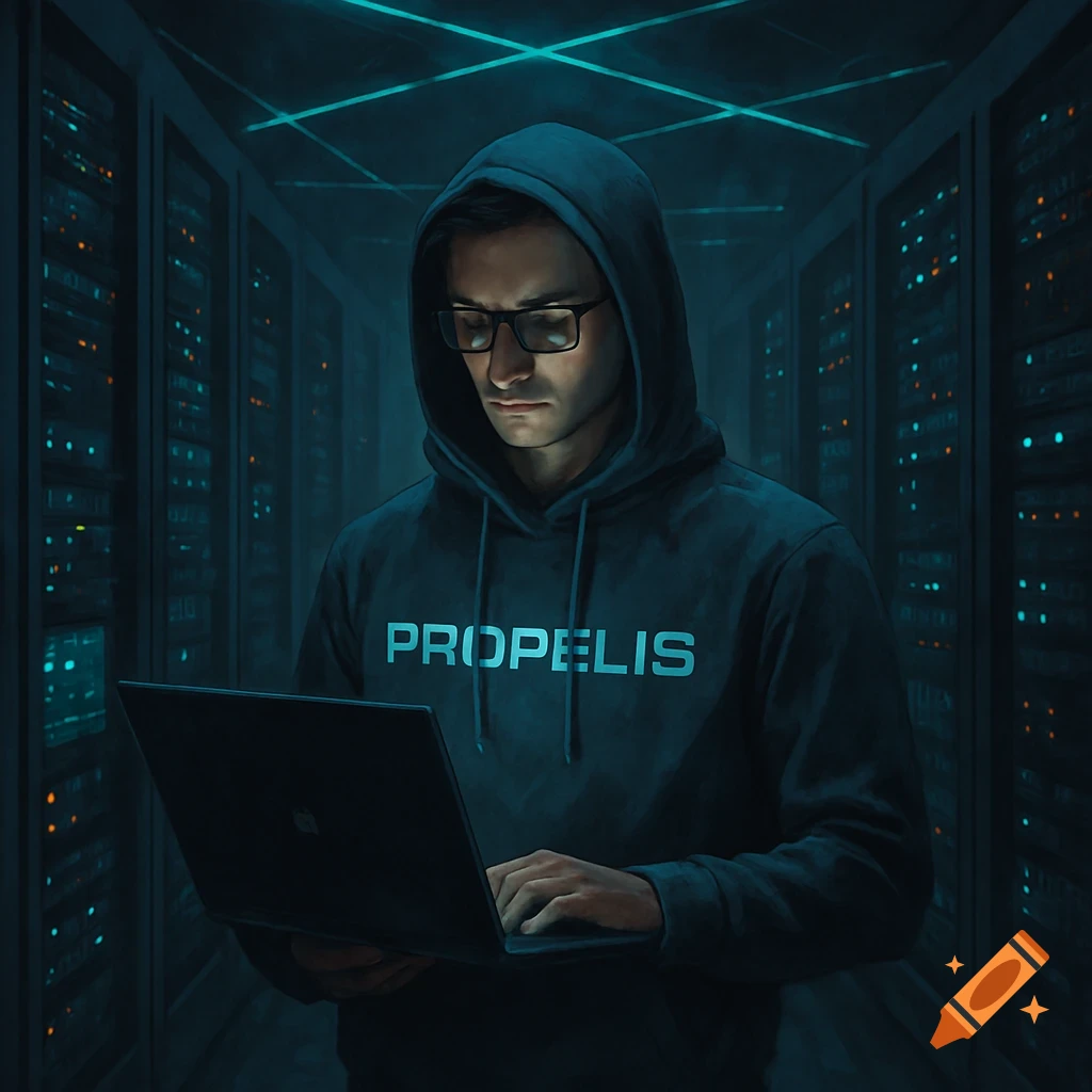 A person in a hoodie and glasses typing on a laptop in a dimly lit server room. The hoodie has 'Propelis' written on it.