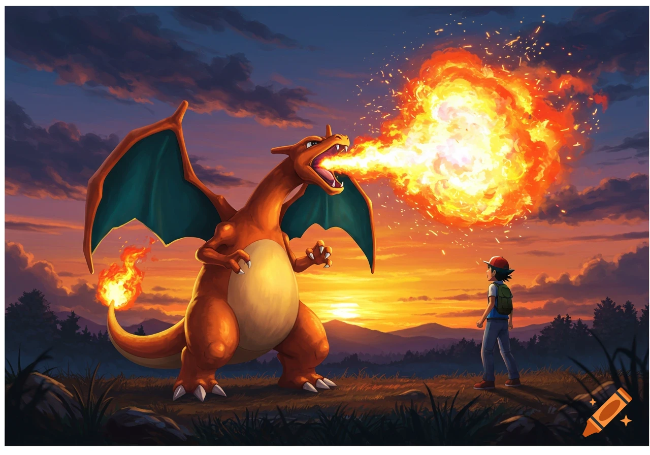 Charizard breathes a fiery blast towards Ash Ketchum at sunset in a vibrant anime illustration.