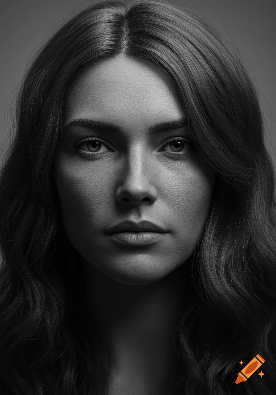 Close-up black and white photorealistic portrait of a serious woman with long wavy hair.