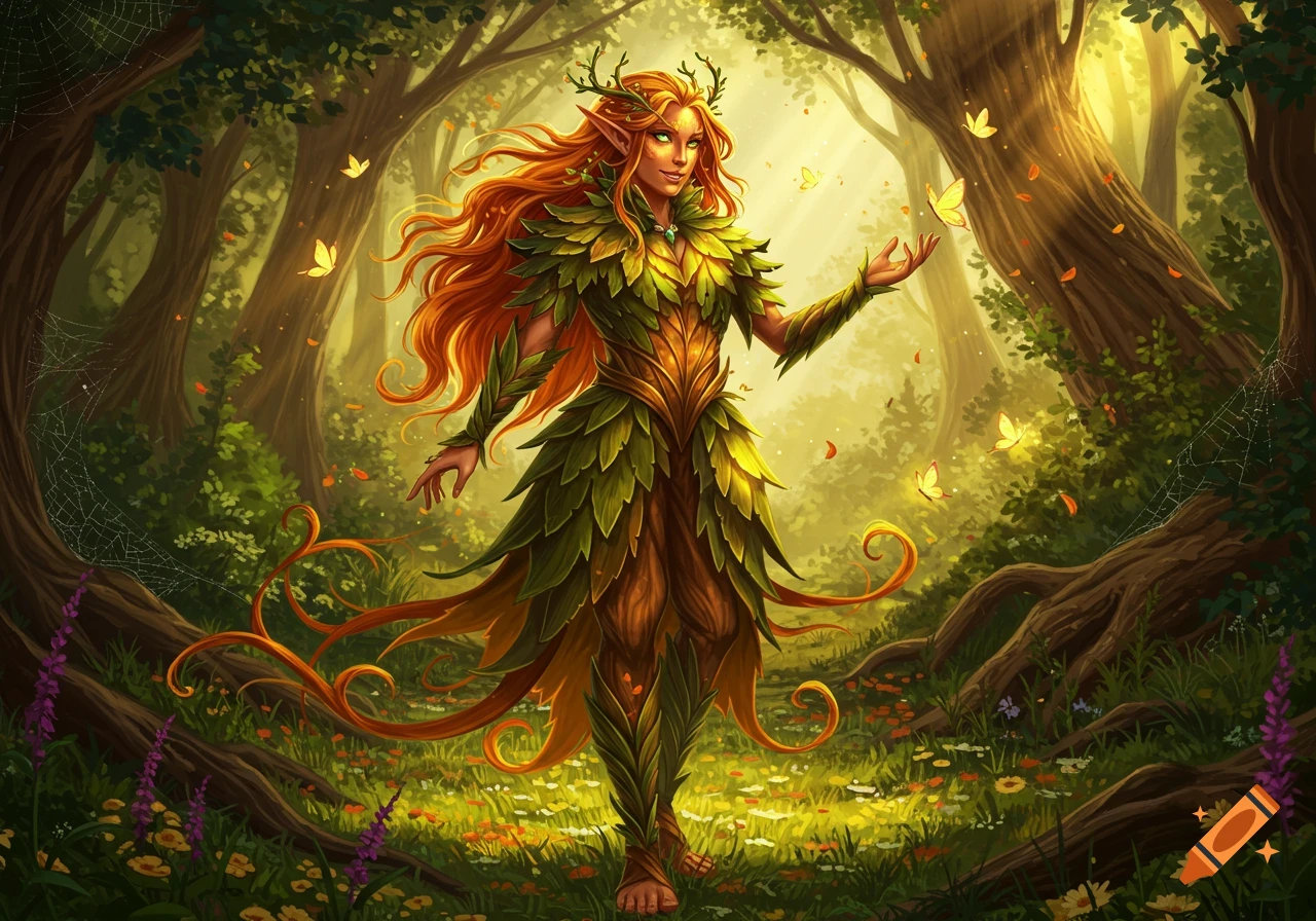 A vibrant fantasy illustration of an Eladrin summer elf with fiery red hair and a leaf-themed dress, standing in a sunlit forest with butterflies.