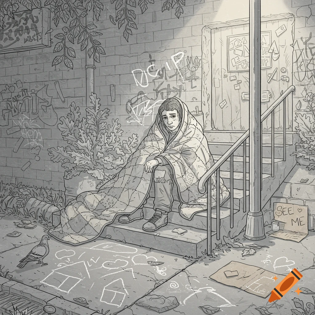 A somber, grayscale line art illustration shows a person wrapped in a blanket, sitting on urban steps next to a "SEE ME" sign.