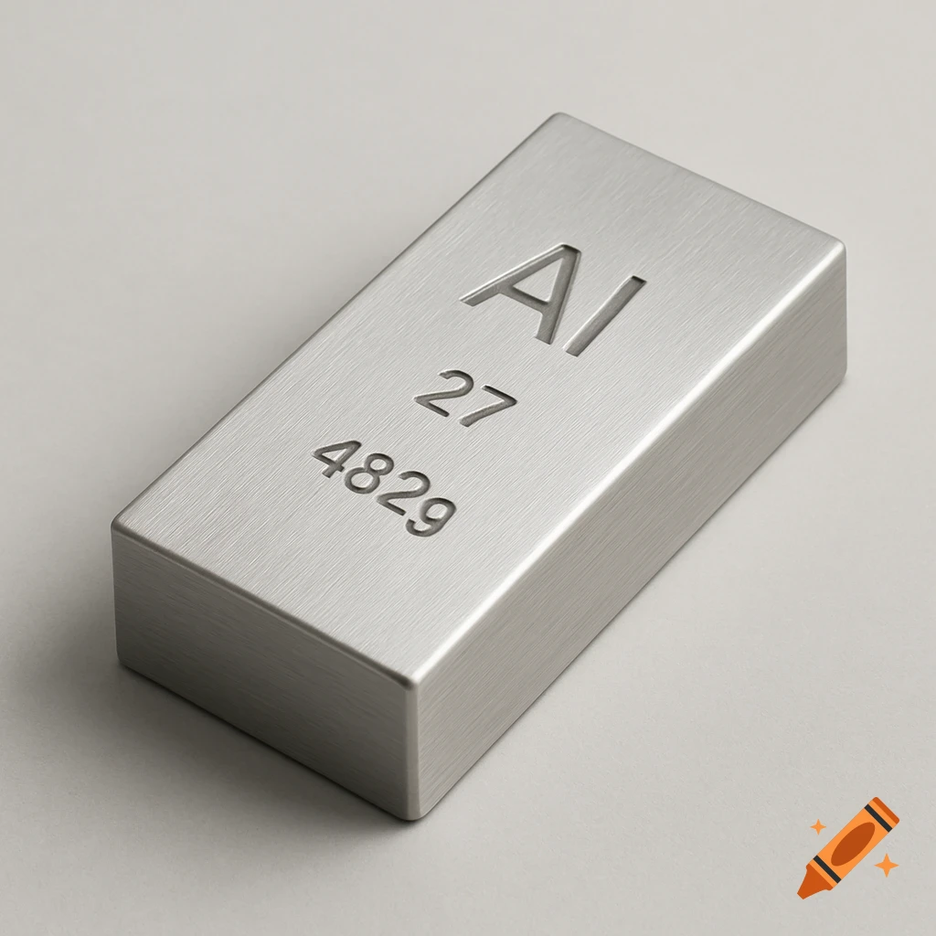A close-up, high-resolution digital photograph of a polished aluminum bar with the text "Al", "27", and "4829" engraved on its top surface.