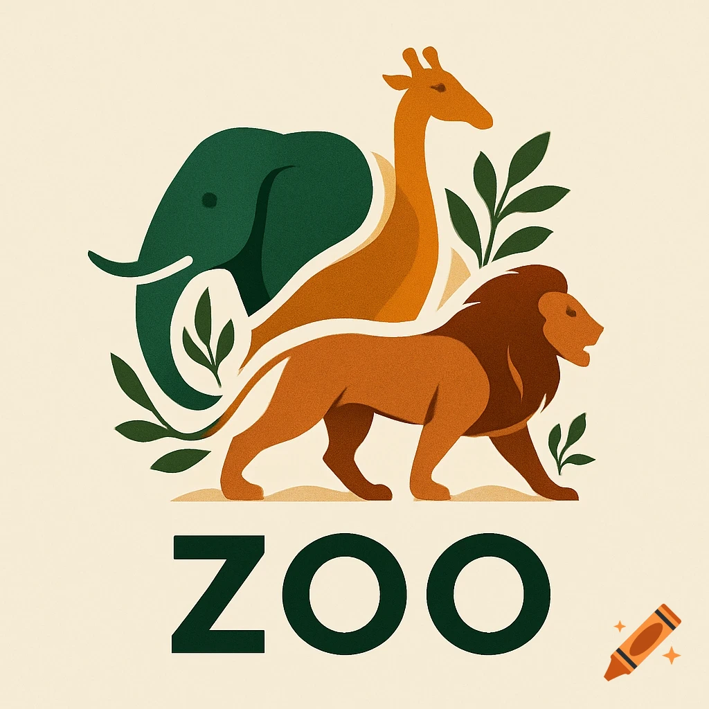 Stylized illustration of an elephant, giraffe, and lion with the text ZOO below them.