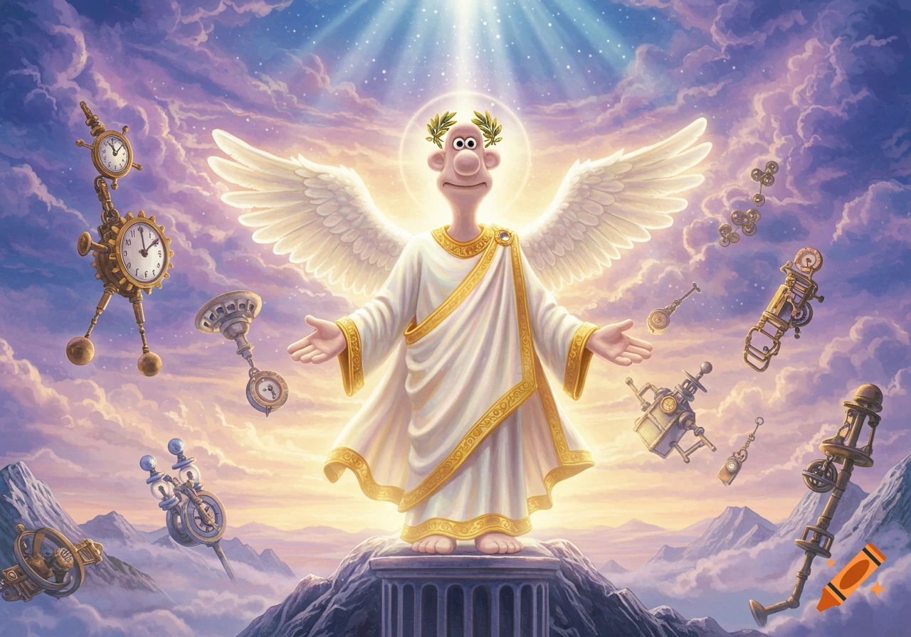 Wallace from Wallace and Gromit depicted as a god, wearing a white toga and wings, standing on a mountain peak in a celestial sky with steampunk clocks.
