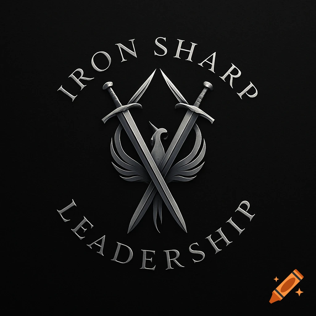 A metallic logo featuring two crossed swords, a phoenix, and the text 'IRON SHARP LEADERSHIP' on a black background.