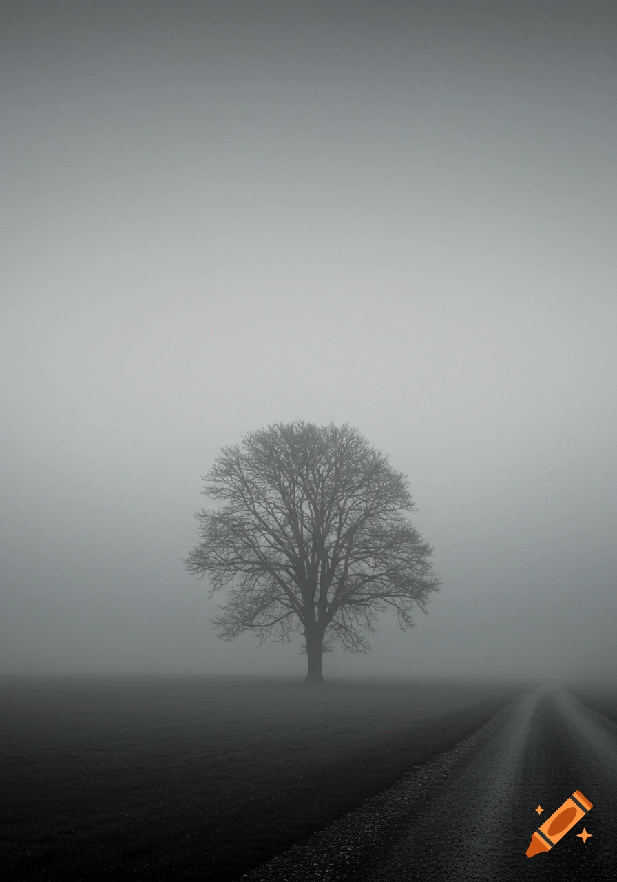 A bare tree stands alone in a dense, grayscale fog with a winding road leading into the distance.