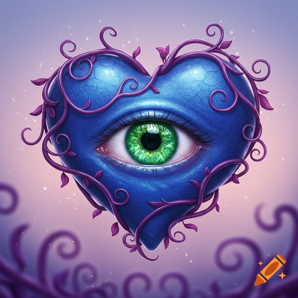 A stylized blue heart with a vibrant green eye at its center, wrapped in twisted purple vines against a soft gradient background.