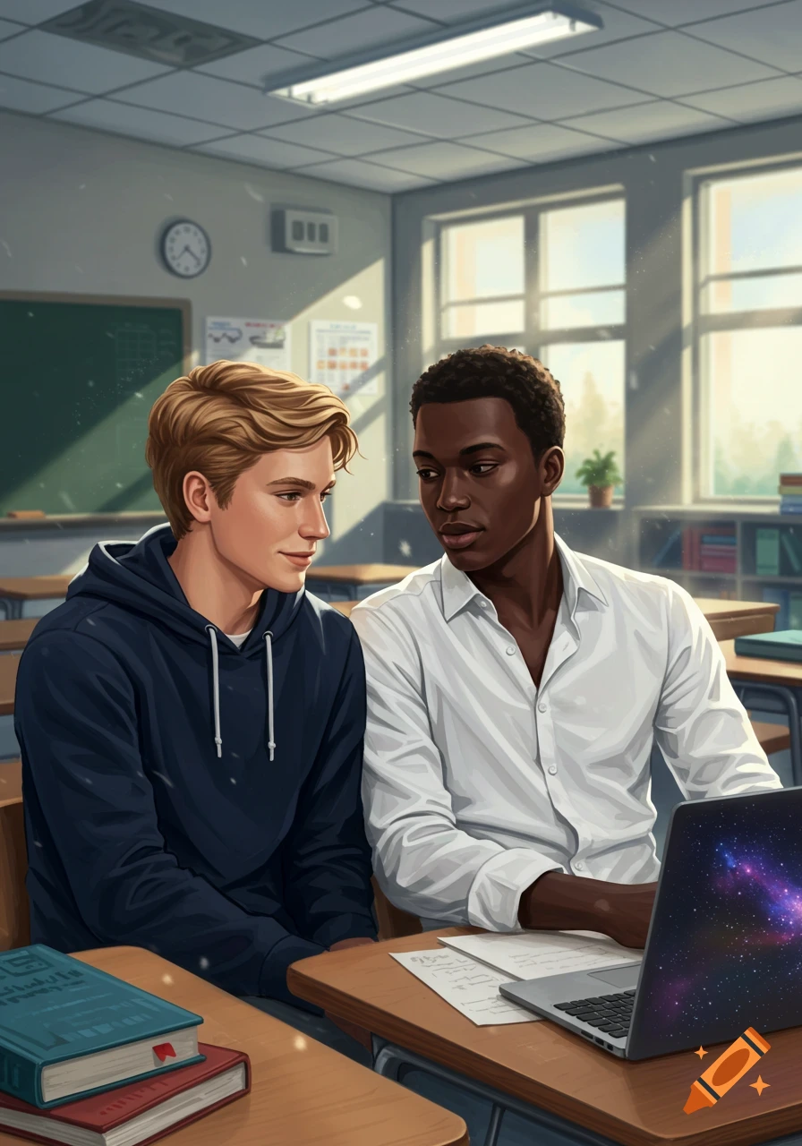 An illustration of two male students in a classroom. A white student in a hoodie sits next to a Black student in a white shirt using a laptop.