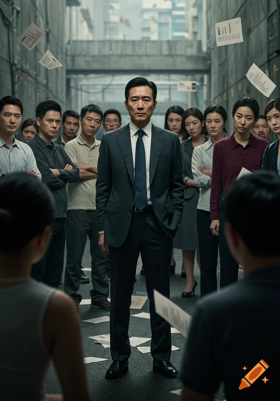 A serious Asian man in a dark suit stands center in a crowded urban alley, surrounded by other serious-faced people and scattered papers.