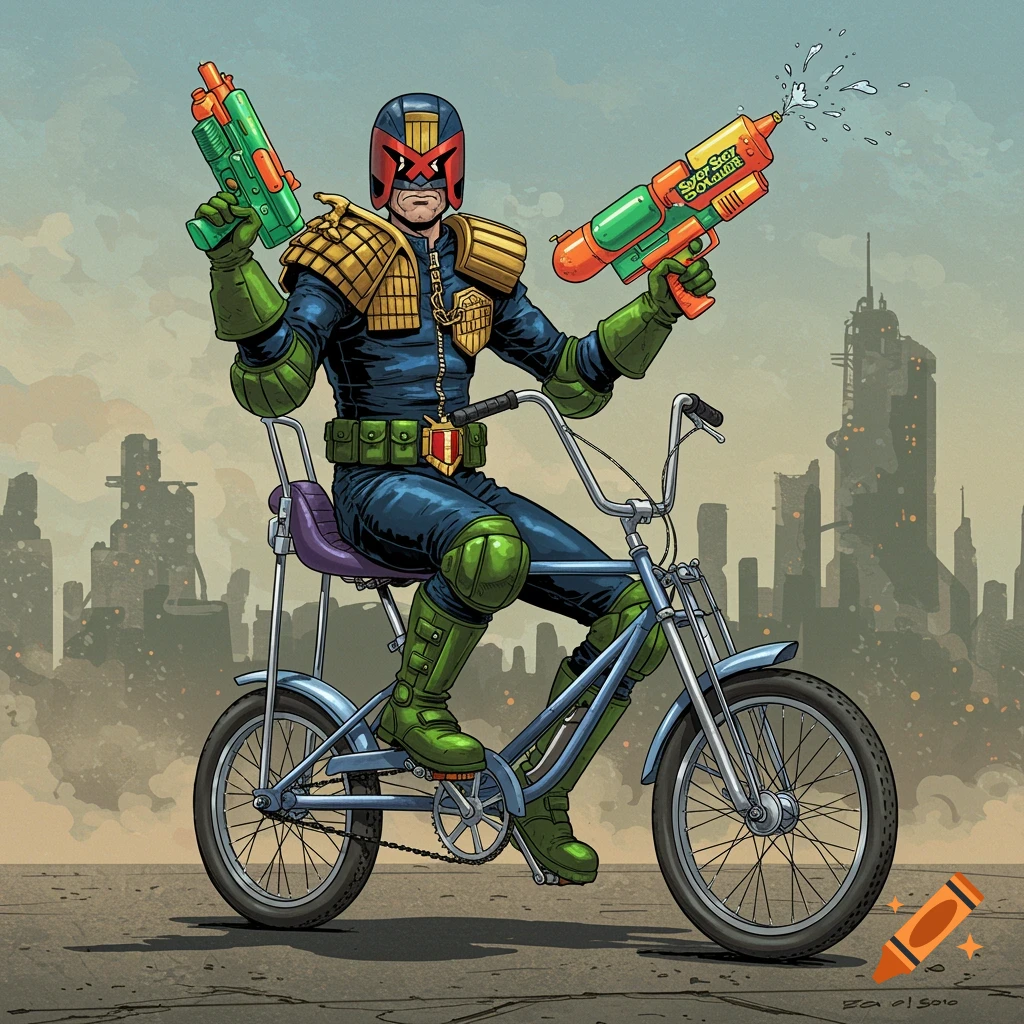 Judge Dredd on a Raleigh Chopper bicycle, holding two water pistols, with a futuristic city in the background, in a comic book art style.