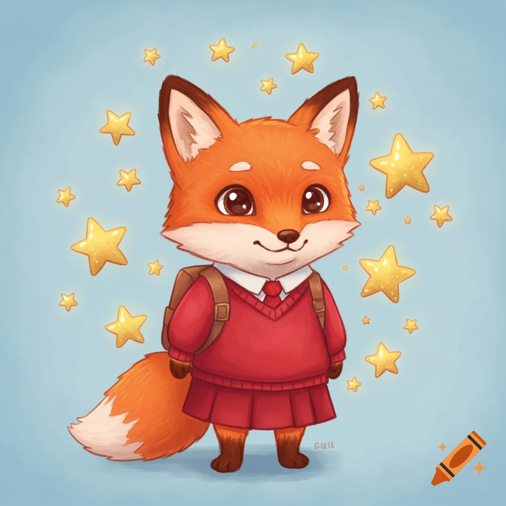 A cute cartoon fox wearing a red school jumper and backpack is surrounded by golden stars, illustrated on a light blue background.