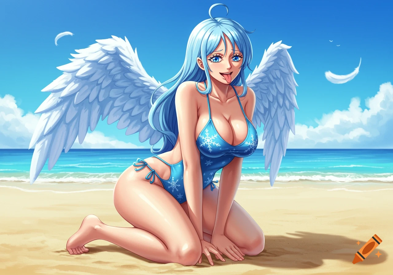Monet from One Piece, an anime character with light blue hair and white wings, kneels playfully on a sunny beach in an icy-blue swimsuit.