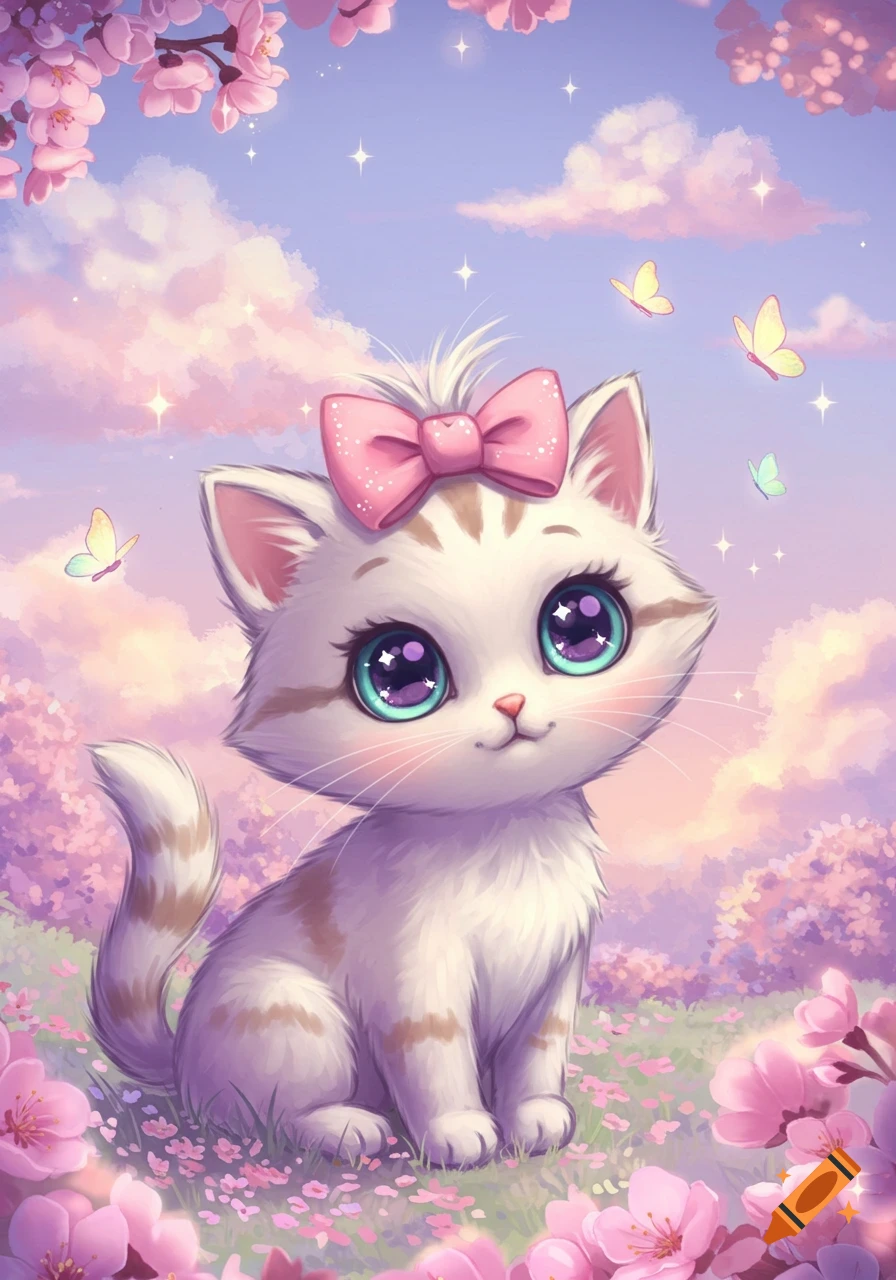 A cute cartoon cat with a pink bow sits in a field of pink flowers under a pastel sky with butterflies and cherry blossoms.