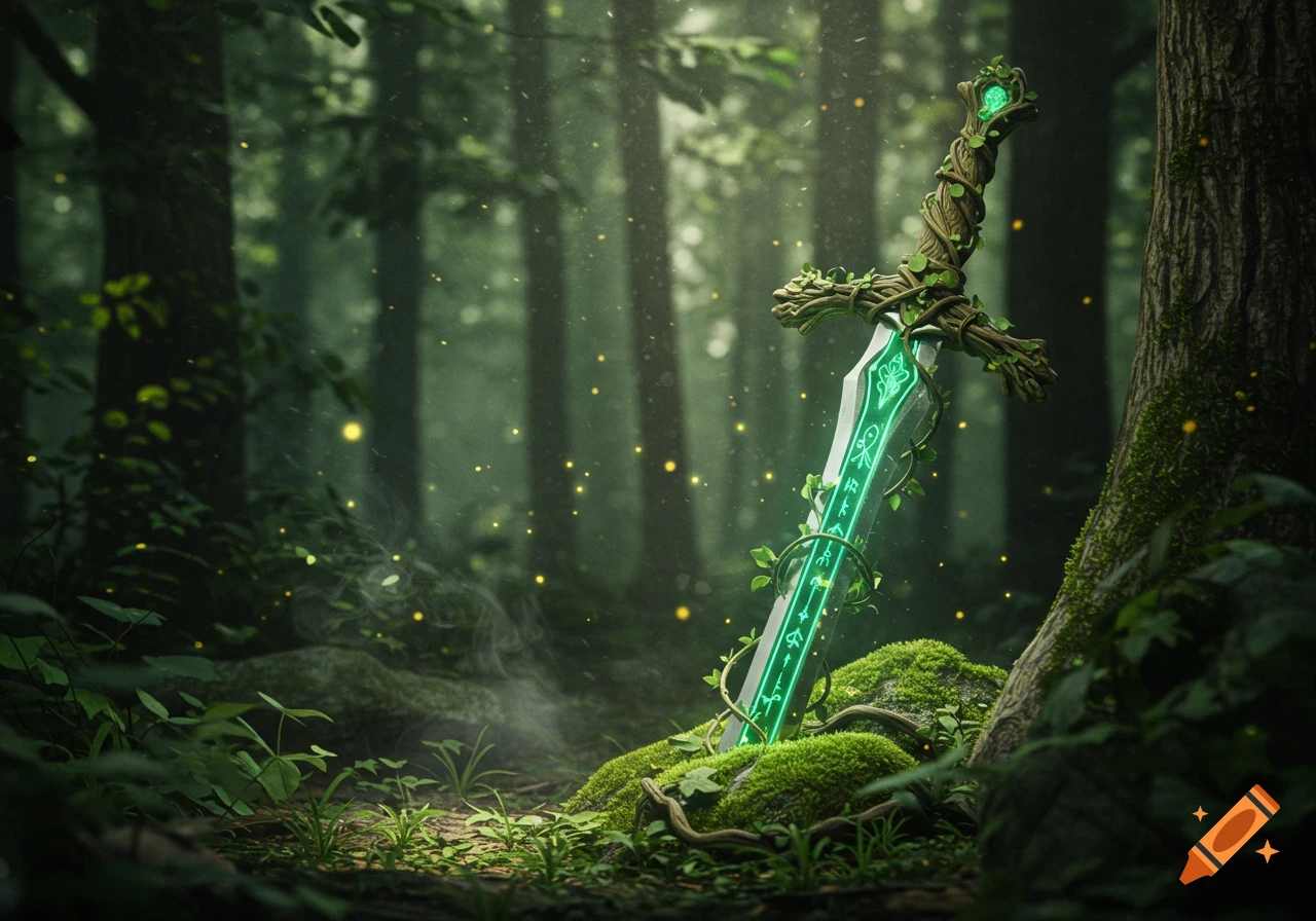 A glowing green magical sword with vines wrapped around its hilt, plunged into mossy ground in a dark, misty forest with floating light particles.