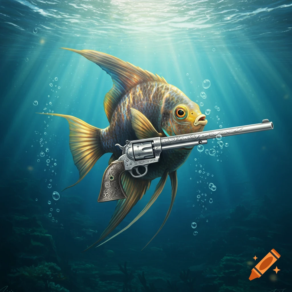 An angelfish, with large fins, swims underwater while holding a detailed silver revolver.