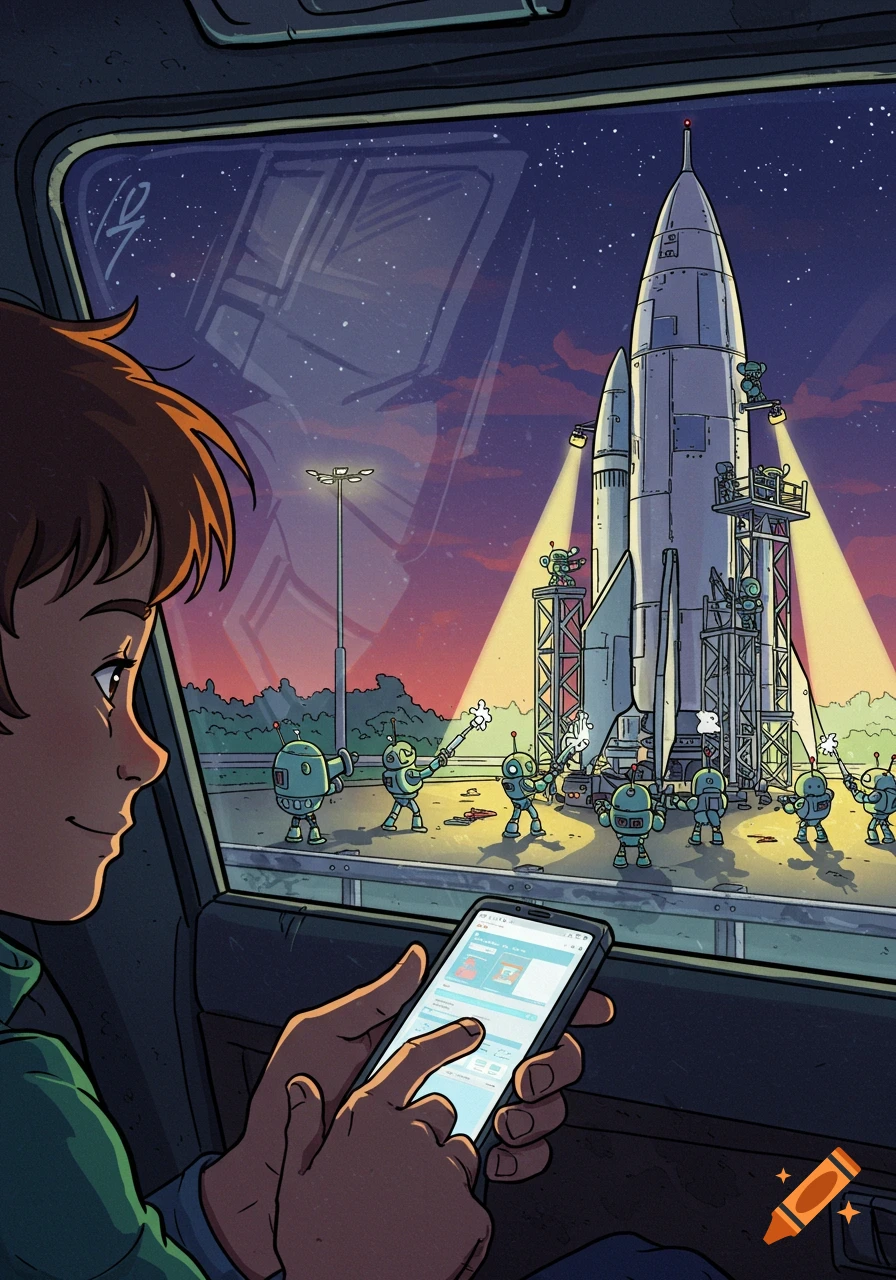 A person in a car looks out the window at robots building a large rocket, while texting on a phone.