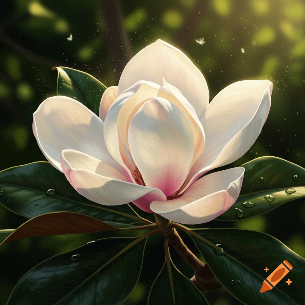 Close-up of a white and pink magnolia blossom with green leaves and water droplets, bathed in sunlight.