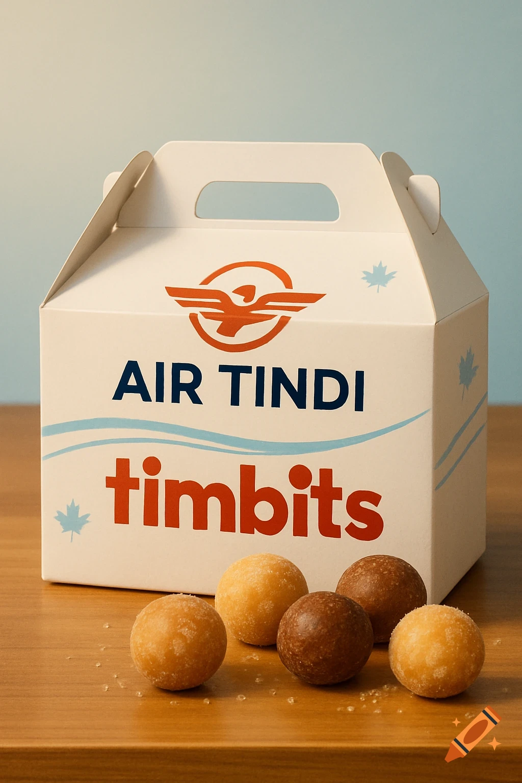 A white box with "AIR TINDI" and "timbits" text, and several donut holes on a wooden table, against a light blue background.