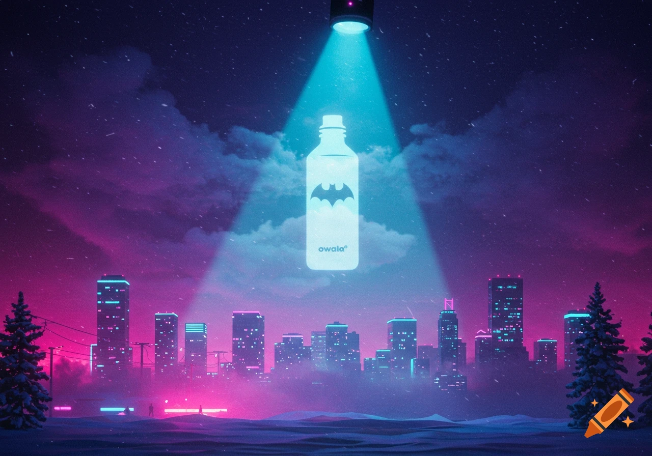 A neon-lit futuristic city at night, covered in snow, with a blue searchlight illuminating a large glowing water bottle with a bat symbol and 'owala' text.
