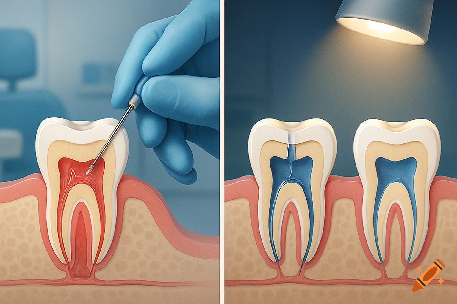 Medical illustration showing the stages of a root canal treatment, from initial procedure to filled canals.