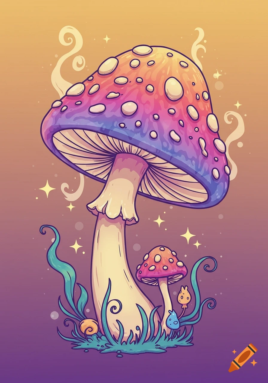 A vibrant, cartoon-style psychedelic mushroom with a colorful cap and a smaller mushroom beside it, surrounded by whimsical plants and sparkles.