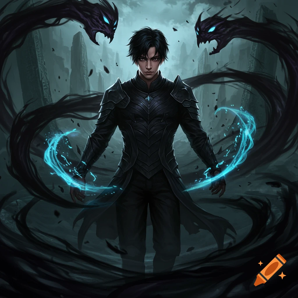 A dark-haired man in black armor casts blue magic, flanked by shadowy serpent creatures in a dark fantasy setting, digital art.