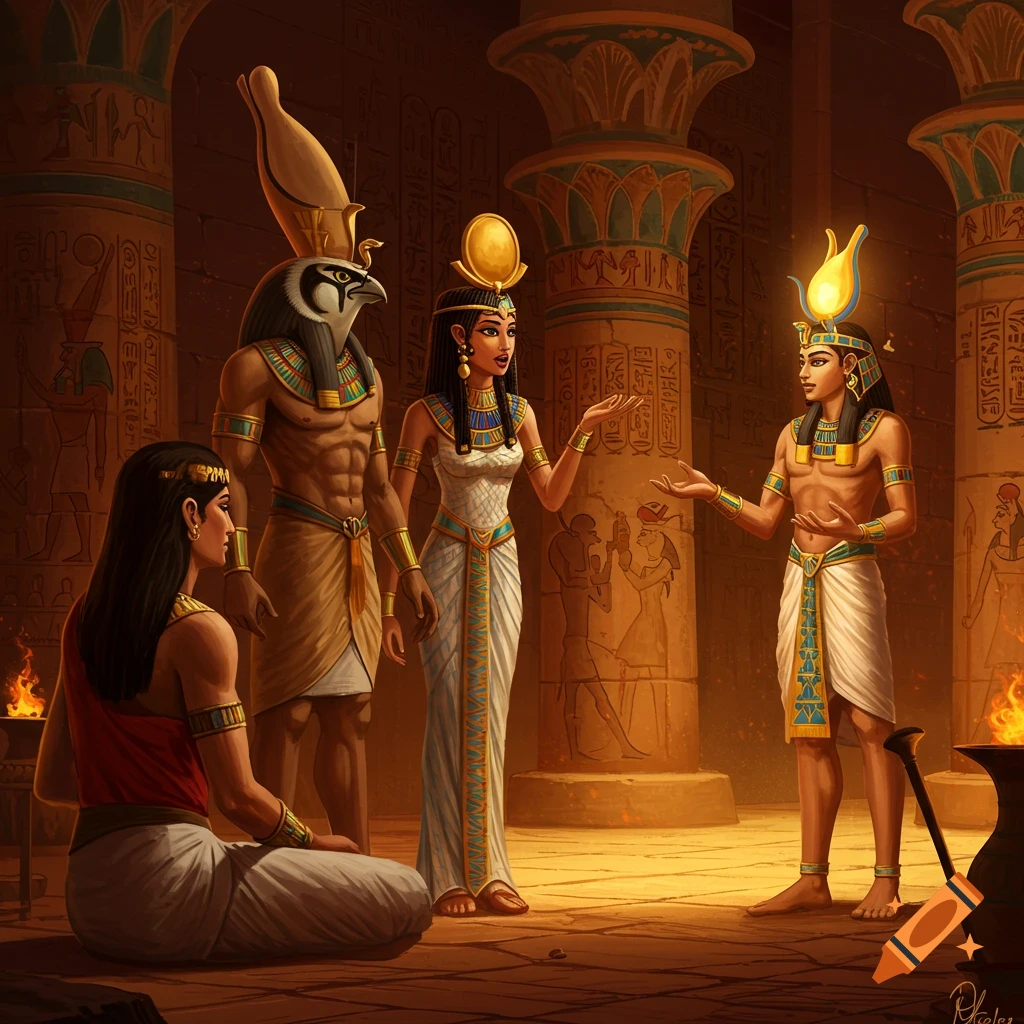 Illustrated depiction of Egyptian gods Horus, Isis, and another deity in a temple, surrounded by hieroglyph-covered pillars.